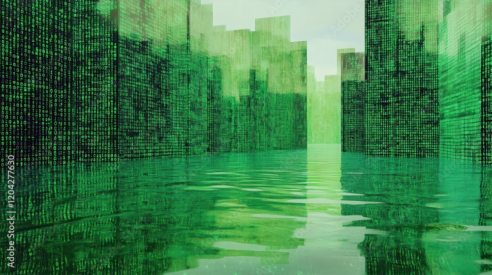 Poster digital matrix background with green binary code cascading in a futuristic virtual landscape effect