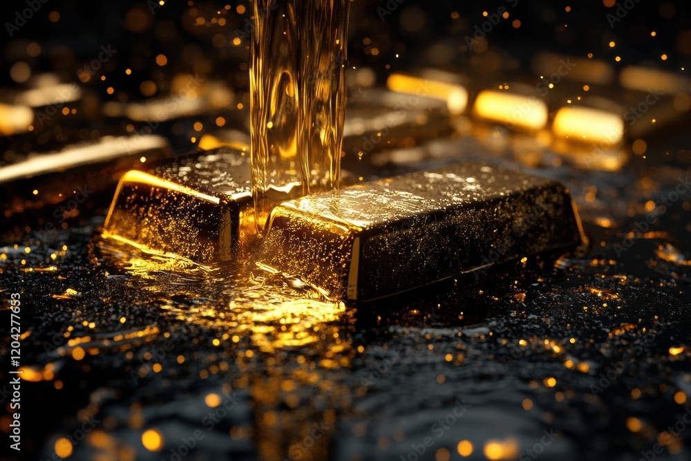 Poster Gold bars submerged in flowing liquid gold, creating an artistic representation of wealth in a dark setting. Generative AI