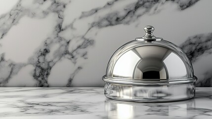 Silver cloche on marble counter, marble background, ready to serve.