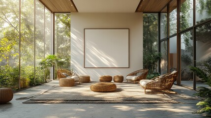 Modern minimalist living room with natural light, surrounded by greenery, featuring comfortable seating