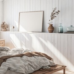 Cozy bedroom interior, sunlit white wooden walls, unmade bed with rumpled linens, minimalist wall shelf, framed artwork, ceramic vase with dried eucalyptus, glass bottles, soft morning light, Scandina