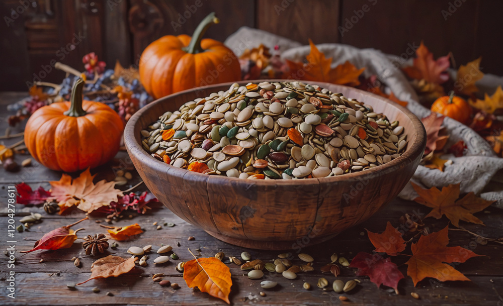 Poster a bowl of nuts and seeds is on a table with a pile of autumn leaves. the bowl is full of different t