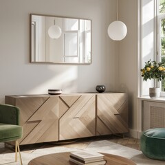 Minimalist Scandinavian interior, light wood cabinets with chevron pattern, large rectangular mirror, white textured walls, round pendant light, green accent cushion, potted plant on windowsill, natur