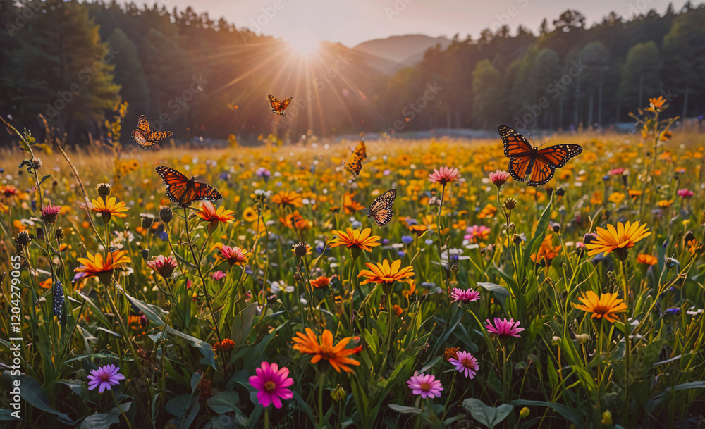 Poster a field of flowers with butterflies flying around. the sun is shining brightly, creating a warm and 