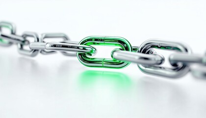 Obraz premium Metal chain with a single bright green link, shiny chrome finish, symbolizing strength and connectivity. 