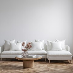 Minimalist living room, white sectional sofa, round wooden coffee table, textured white pillows, hardwood floor, neutral tones, Scandinavian design, cozy interior, natural light, blank wall, clean aes