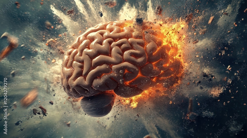 Poster concept art of a human brain exploding with knowledge and creativity.
