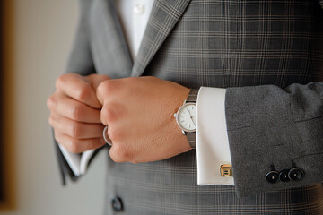 A man in a suit is wearing a watch and adjusting his cuff. Generative Ai.