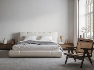 Minimalist bedroom interior, white walls, large window, natural light, modern platform bed, white bedding, wooden side tables, mid-century modern armchair, neutral color palette, Scandinavian design, 