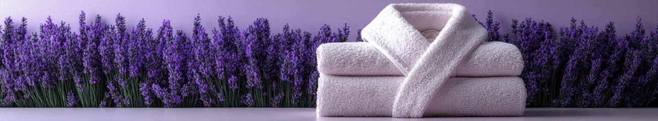 Elegant white towels and spa robe with lavender backdrop for relaxation theme