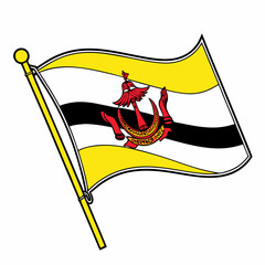 Brunei Flag: Yellow background with a red crest in the center.
