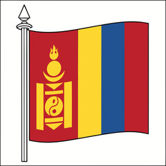 Mongolia Flag: Red, blue, and yellow vertical stripes with the state emblem.
