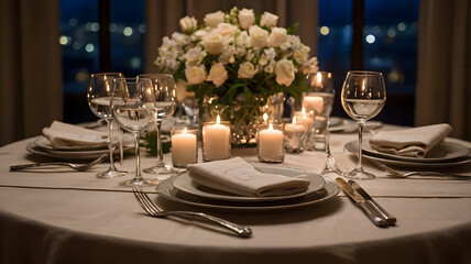 Romantic Dinner Setting: An elegant table setting is adorned with a lavish centerpiece of white roses, illuminated by the soft glow of candlelight.