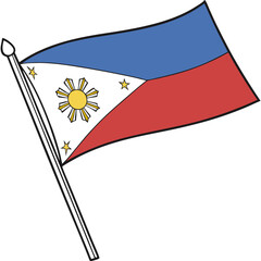 Philippines Flag: Horizontal blue, red, and white stripes with a sun and stars.
