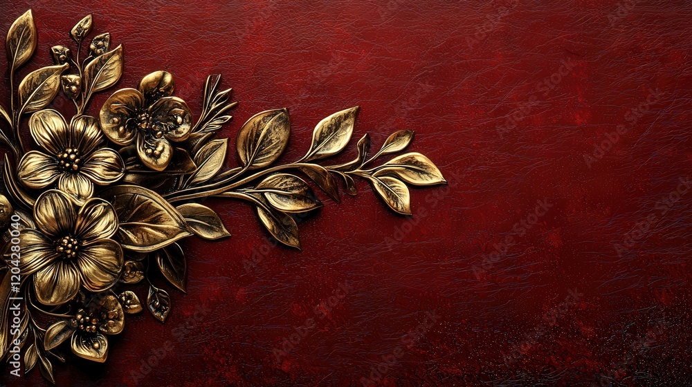 Poster illuminated manuscript border design with floral elements in red background