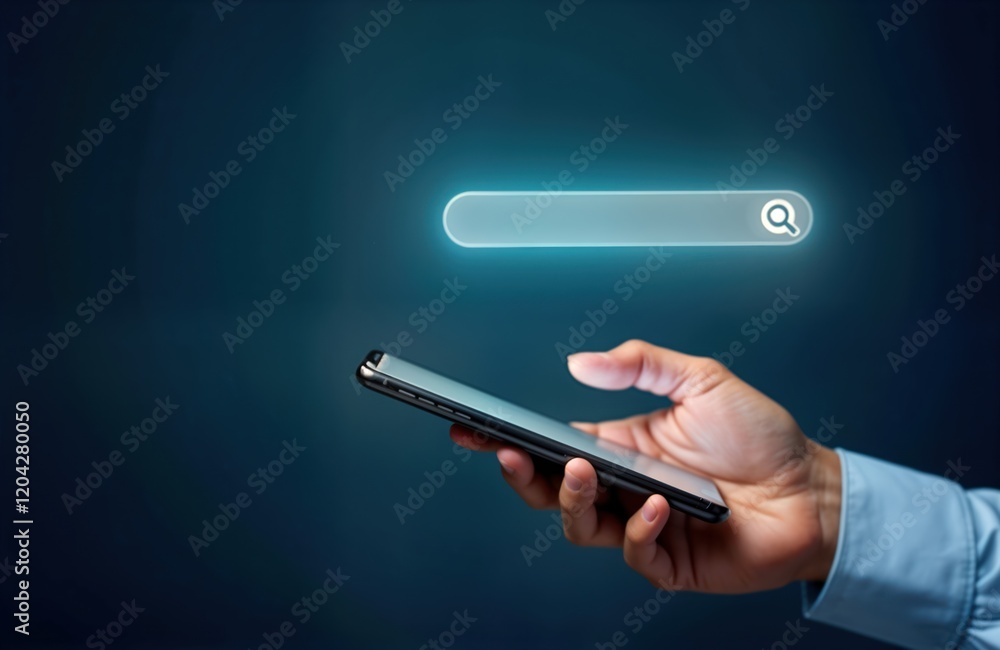 Poster businessman uses smartphone searching online. modern tech tools help find info. mobile device in han