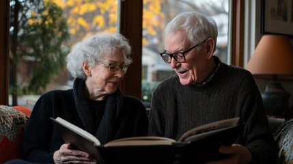 A man and a woman are sitting on a couch, reading a book together. They are both smiling and seem to be enjoying the book
