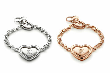 Matching heart-shaped charm bracelets, elegantly displayed against a clean white background, symbolizing love and unity between two people.
