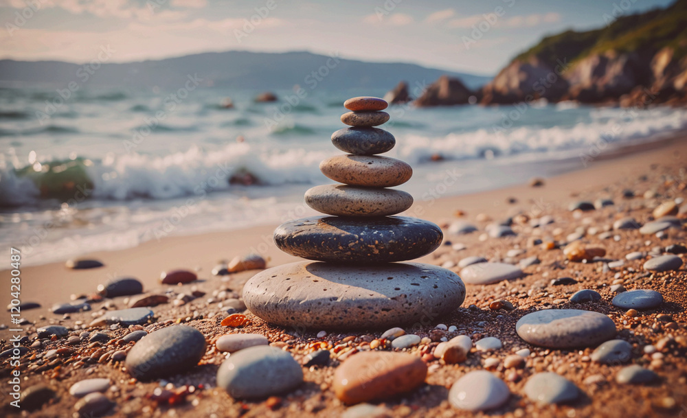 Aufkleber A stack of rocks on a beach. The rocks are of different sizes and colors. The beach is calm and peaceful, with the waves gently lapping at the shore. The rocks are arranged in a pyramid shape