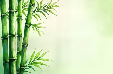 Naklejka premium Elegant illustration of bamboo plants against light green background. Bamboo stalks in various shades of green with delicate leaves. Peaceful, serene image. Suitable for zen decor, nature design spa