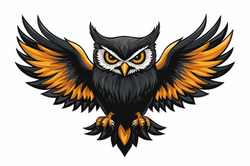 A cartoon owl with orange and black wings is flying. Generative Ai.