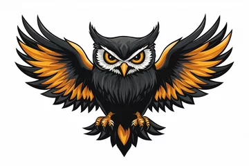 Fototapeten A cartoon owl with orange and black wings is flying. Generative Ai. © Extra