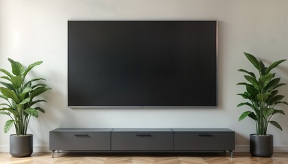 Modern flat screen TV mockup on a white wall. Empty display screen. Grey cabinet below. Plants in gray pots beside. Interior design. Empty tech. Presentation template. Home decor.
