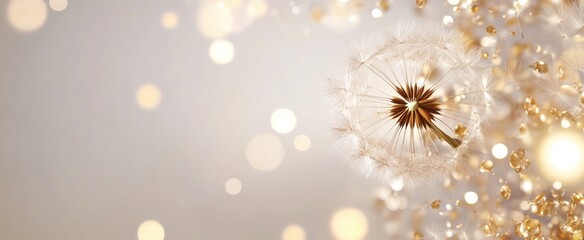 Elegant dandelion with golden sparkles in bokeh light in National Dandelion Day