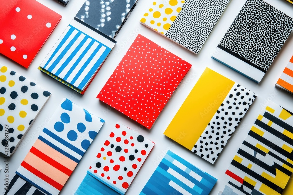 Poster Collection of colorful notebooks with various geometric and polka dot patterns.