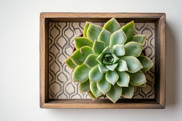 A succulent plant in a small brown wooden tray with a geometric pattern.