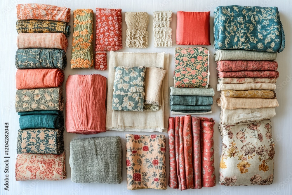 Poster A collection of various textiles in muted tones, showcasing different patterns and textures.