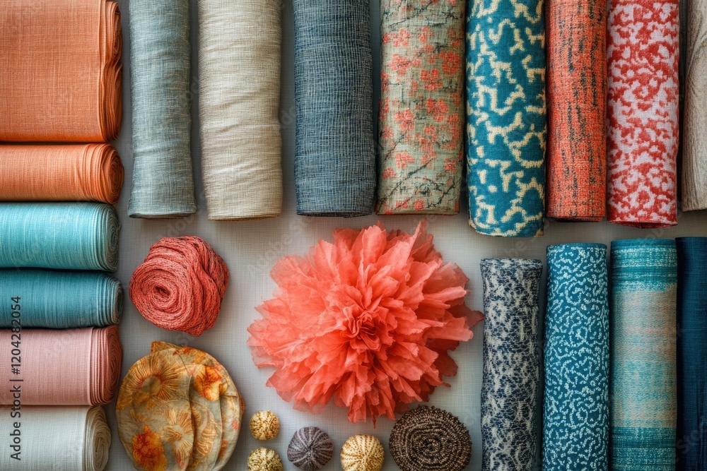 Poster Collection of various fabrics in different colors and textures, rolled and arranged aesthetically.
