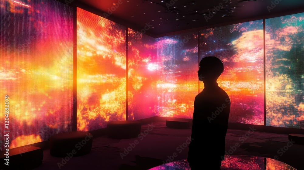 Poster silhouette of an individual in a digital landscape filled with colorful, illuminated data screens.