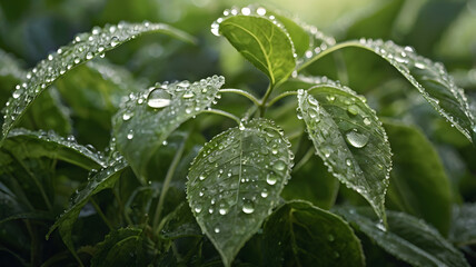 Dew-kissed Foliage: A captivating macro shot capturing the intricate details of leaves adorned with sparkling dew drops, reflecting the soft light of the morning sun.