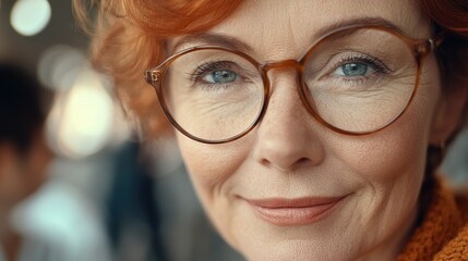 A close up portrait of a smiling woman with glasses