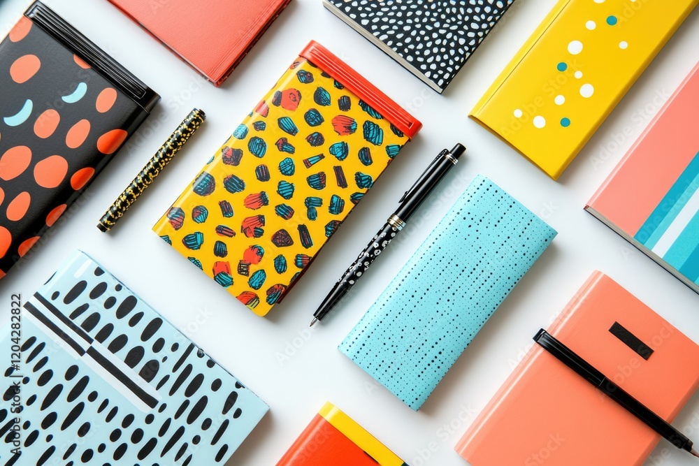 Poster Flatlay of colorful notebooks and pens with abstract patterns on a white background.