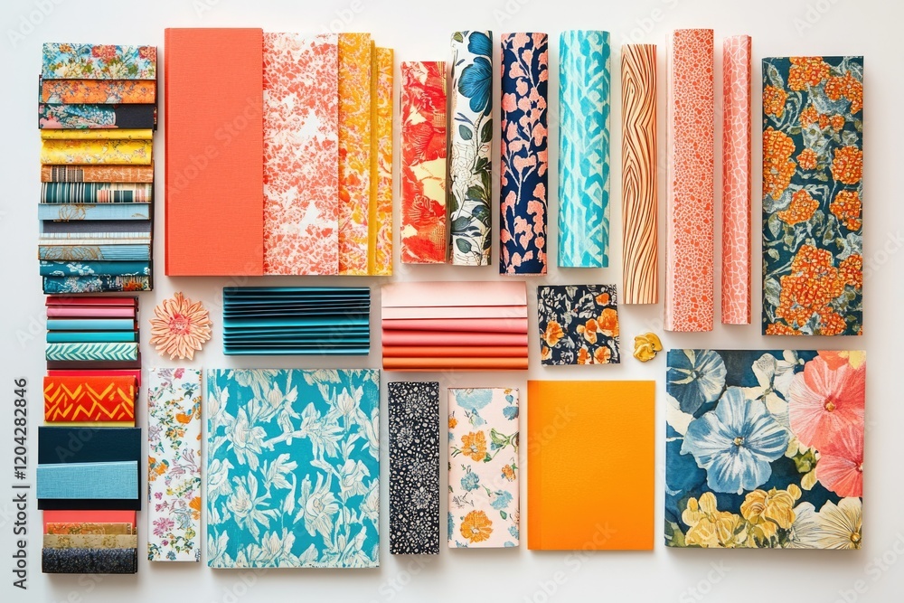 Poster A collection of colorful patterned papers and fabrics arranged neatly on a white background.
