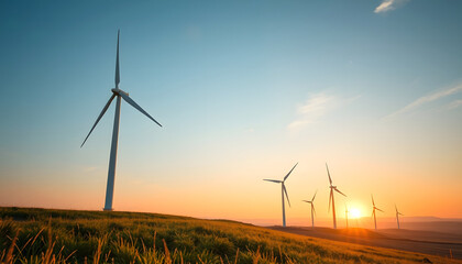 Obraz premium Wind Turbines on Golden Field at Sunset: Clean Energy