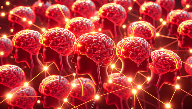 A multitude of human brains linked together by a glowing grid, retro style, with white tones