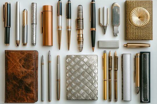 Collection of luxury pens, notebooks, and cases in gold and silver tones.