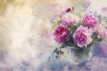 Soft Pastel Peonies in Glass Vase, Watercolor Painting