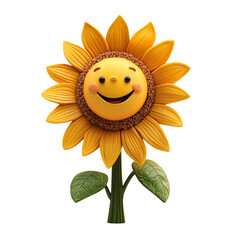 Cheerful Cartoon Sunflower Character with Face on Transparent Background