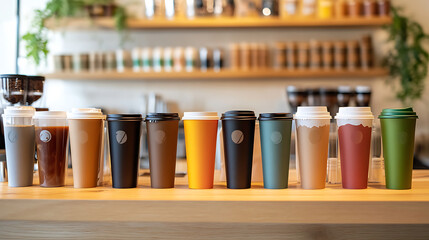 vibrant display of assorted takeaway coffee cups in various colors and sizes is arranged on wooden counter, creating lively and inviting atmosphere