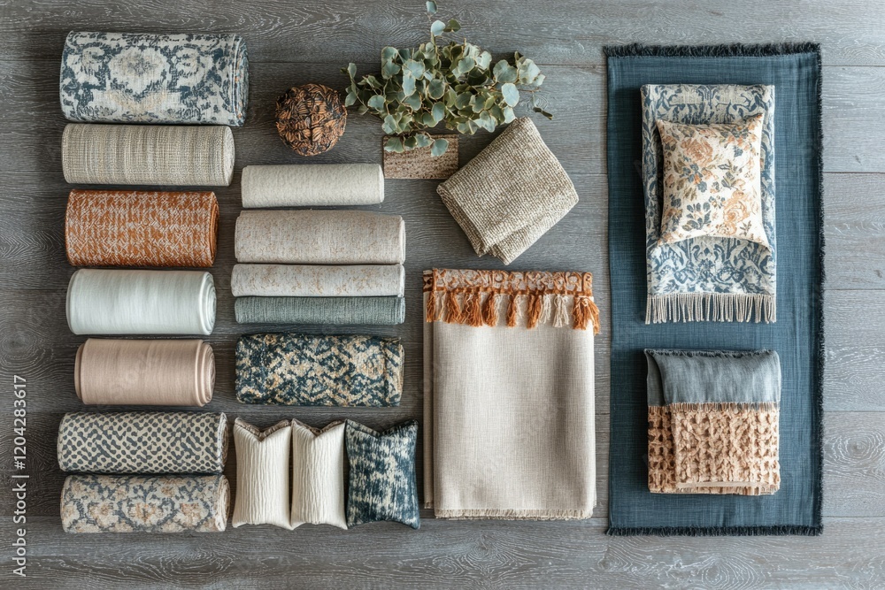 Aufkleber a collection of various rugs, blankets, and pillows in earthy tones and intricate patterns, showcasi