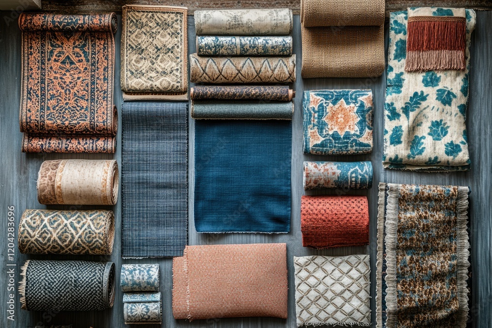 Poster a collection of diverse rugs and carpet samples showcasing various textures, patterns, and colors.