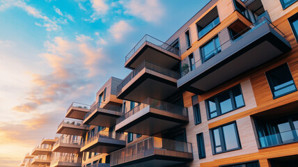 Obraz premium Contemporary residential towers at sunset, with large balconies, intricate facade designs, and green open spaces in the foreground, showcasing modern living (1)