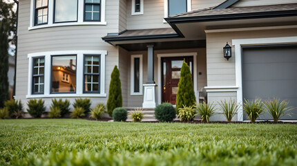 Luxury Modern House Exterior with Landscaping and Green Lawn. Beautiful Home Architecture and Design. Real Estate Property