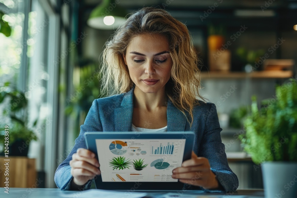 Poster a businesswoman reviews financial data on a tablet, analyzing charts and graphs in a modern office s