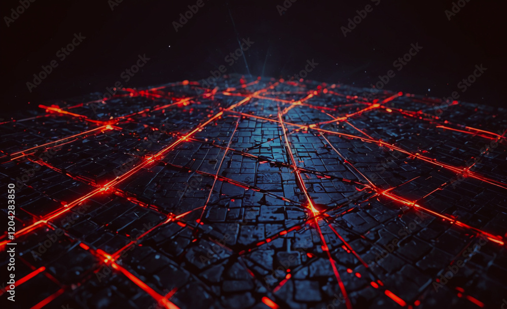 Aufkleber A black and red background with a grid of red lines. The red lines are glowing and appear to be coming from a light source. The image has a futuristic and industrial feel to it
