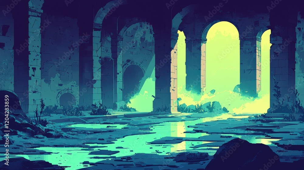 Poster futuristic alien ruins with abstract patterns and glowing elements
